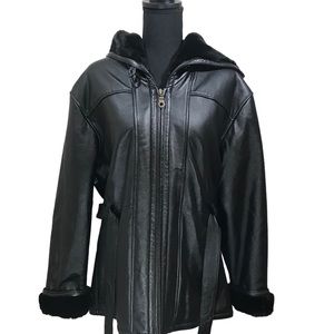 Vintage Ladies black hooded (Wilson) leather coat.